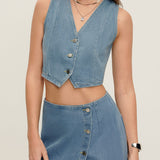 To-delt Denim Sæt med Knap-Vest og Slids Nederdel – Casual Cool