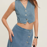 To-delt Denim Sæt med Knap-Vest og Slids Nederdel – Casual Cool