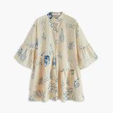 Beige sommerkjole med print – Løs skjortekjole