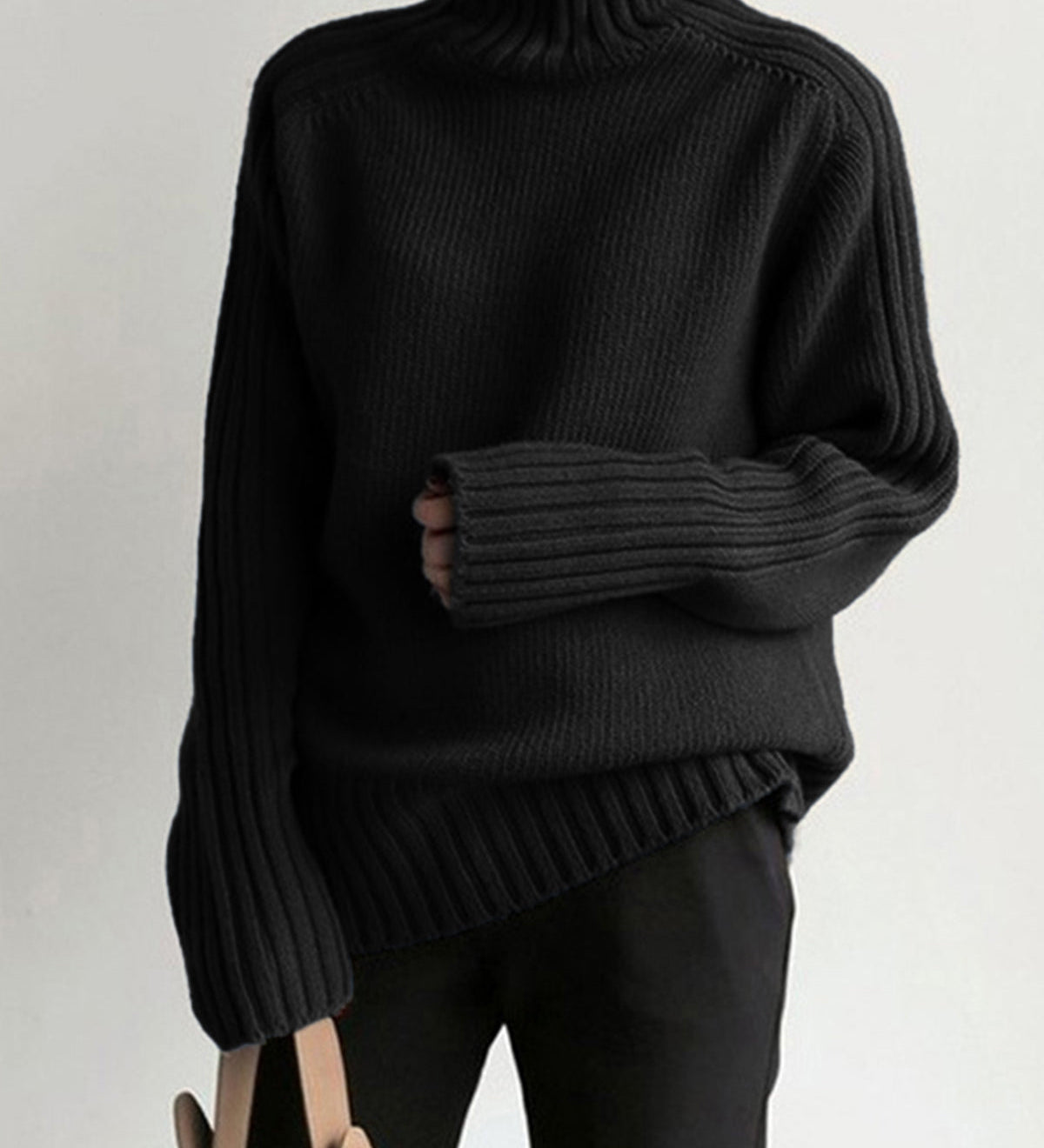 Ribstrikket Rullekrave Sweater med Oversized Pasform