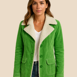 Varm teddyforet damejakke i blød fløjl med elegant krave