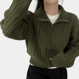 Kabelstrikket Sweater med Lynlåskrave