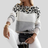 Strikket Bluse med Dyreprint og Farveblok – Moderne Komfort og Stil