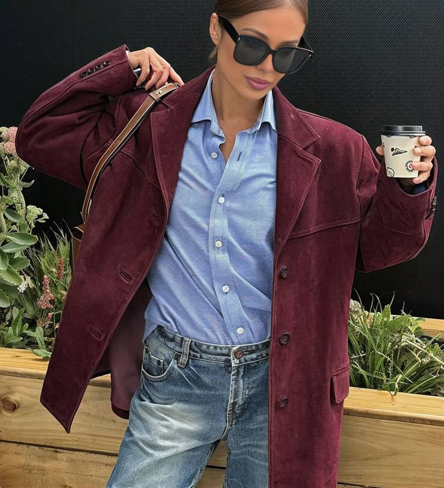 Blazer i Imitation Ruskind med Knapper og Lommer – Elegant Vintage Stil