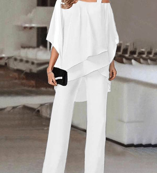 Elegant to-delt sæt med chiffon overdel og vide bukser