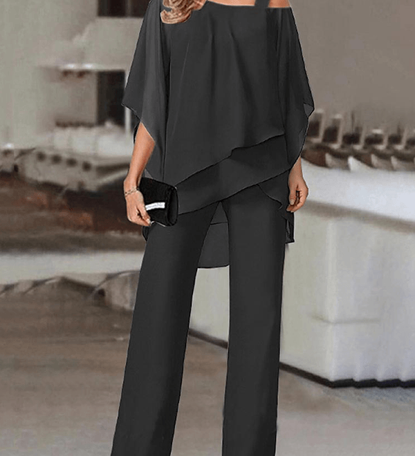 Elegant to-delt sæt med chiffon overdel og vide bukser