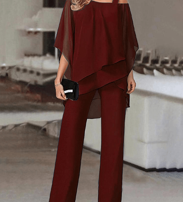 Elegant to-delt sæt med chiffon overdel og vide bukser