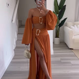 Elegant Sommer Outfit Set – Off-Shoulder Top og Maxi Nederdel med Spænde
