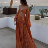 Elegant Sommer Outfit Set – Off-Shoulder Top og Maxi Nederdel med Spænde