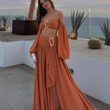 Elegant Sommer Outfit Set – Off-Shoulder Top og Maxi Nederdel med Spænde