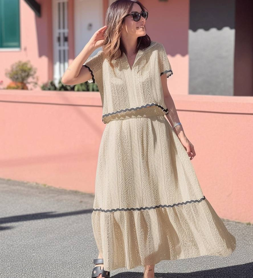 Elegant Sommer Outfit Set – Kjole og Top med Sort Kant