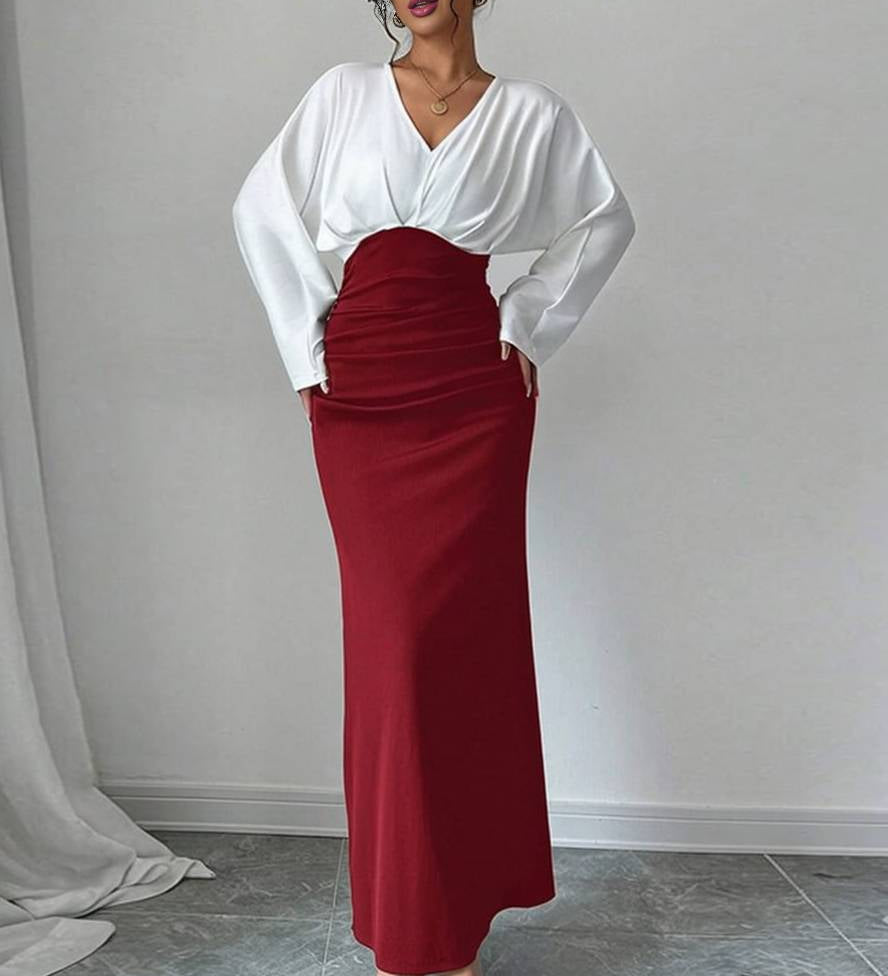 Elegant tofarvet maxikjole med draperet top – Formelt og feminint