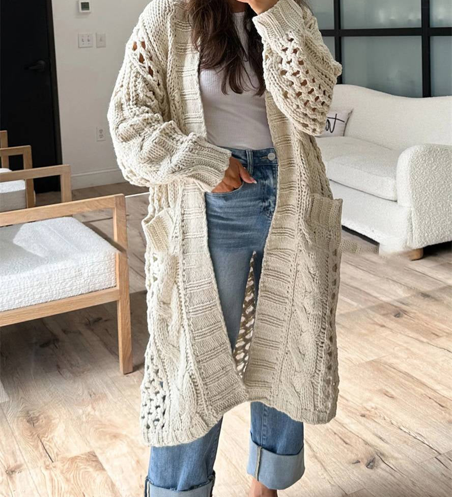 Cardigan Femme Oversize en Grosse Maille avec Poches et Col V