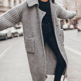 Oversized Ensfarvet Cardigan med Knapper og Revers til Kvinder