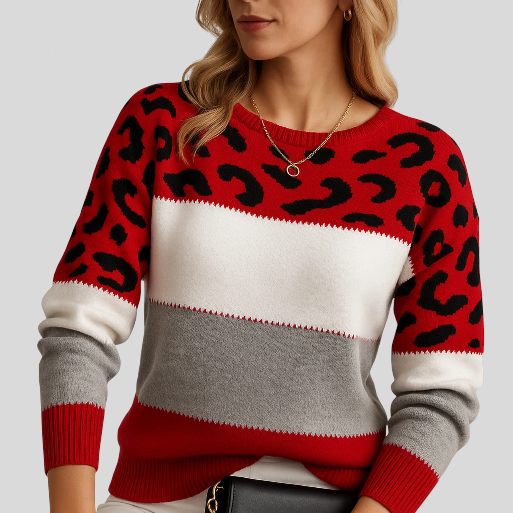 Strikket Bluse med Dyreprint og Farveblok – Moderne Komfort og Stil