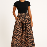 A-Line Midi Nederdel med Leopardprint og Elastik