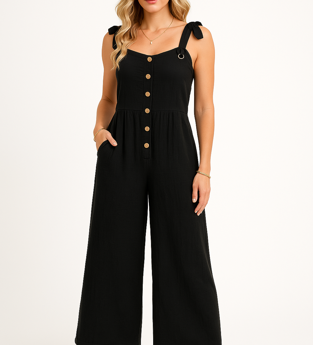 Dame jumpsuit med knaplukning og brede ben