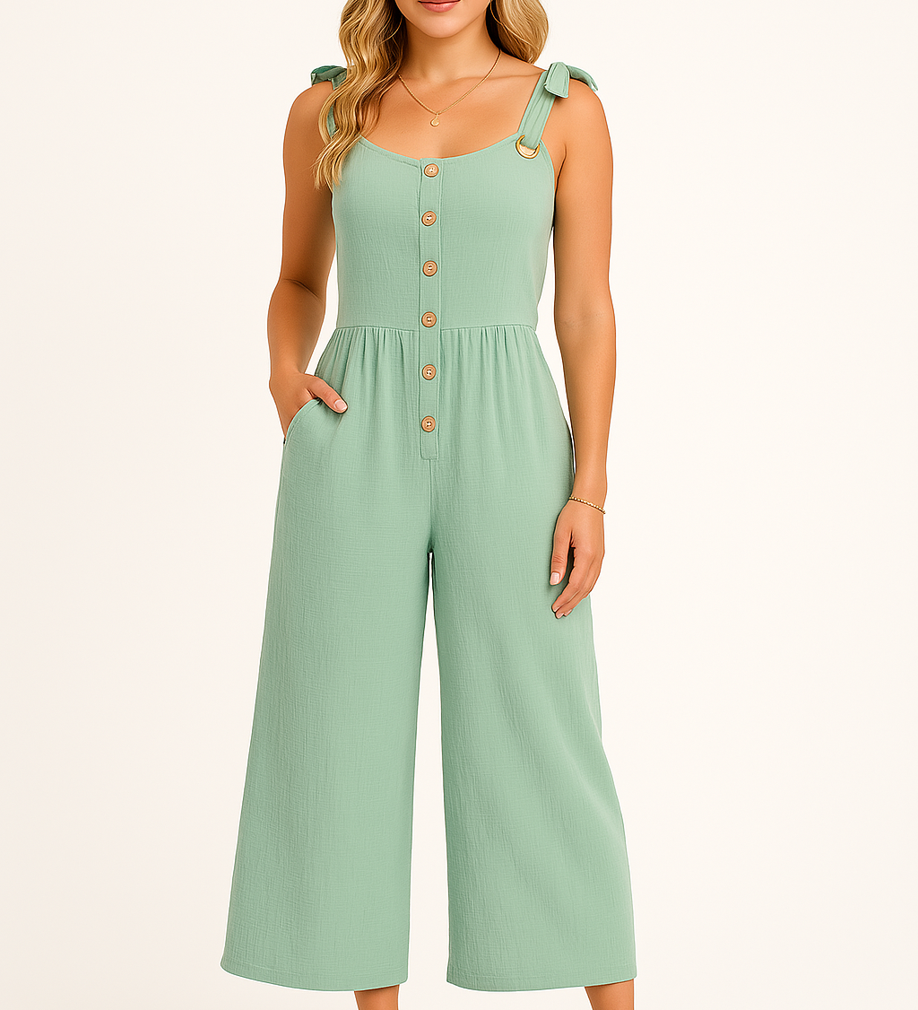 Dame jumpsuit med knaplukning og brede ben