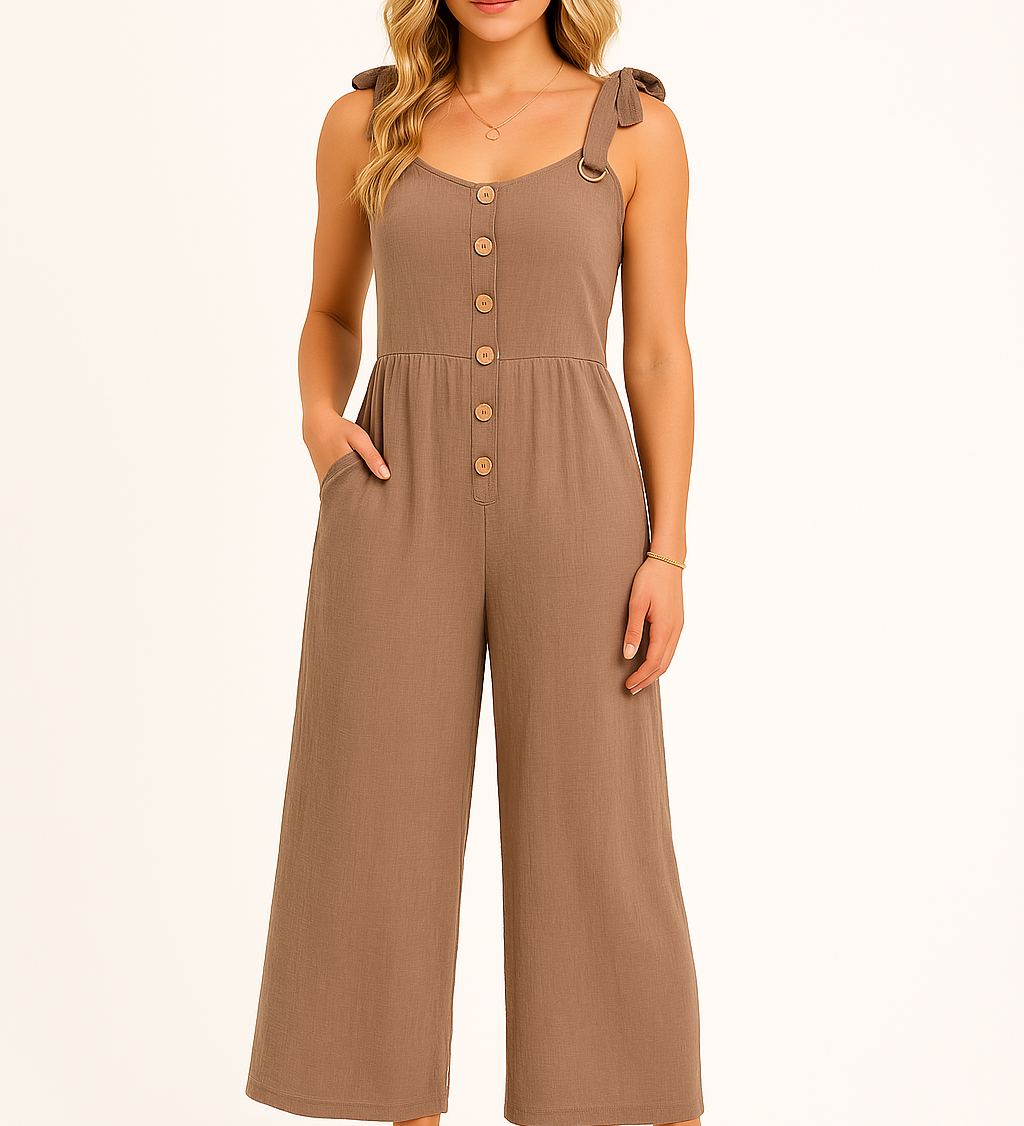 Dame jumpsuit med knaplukning og brede ben