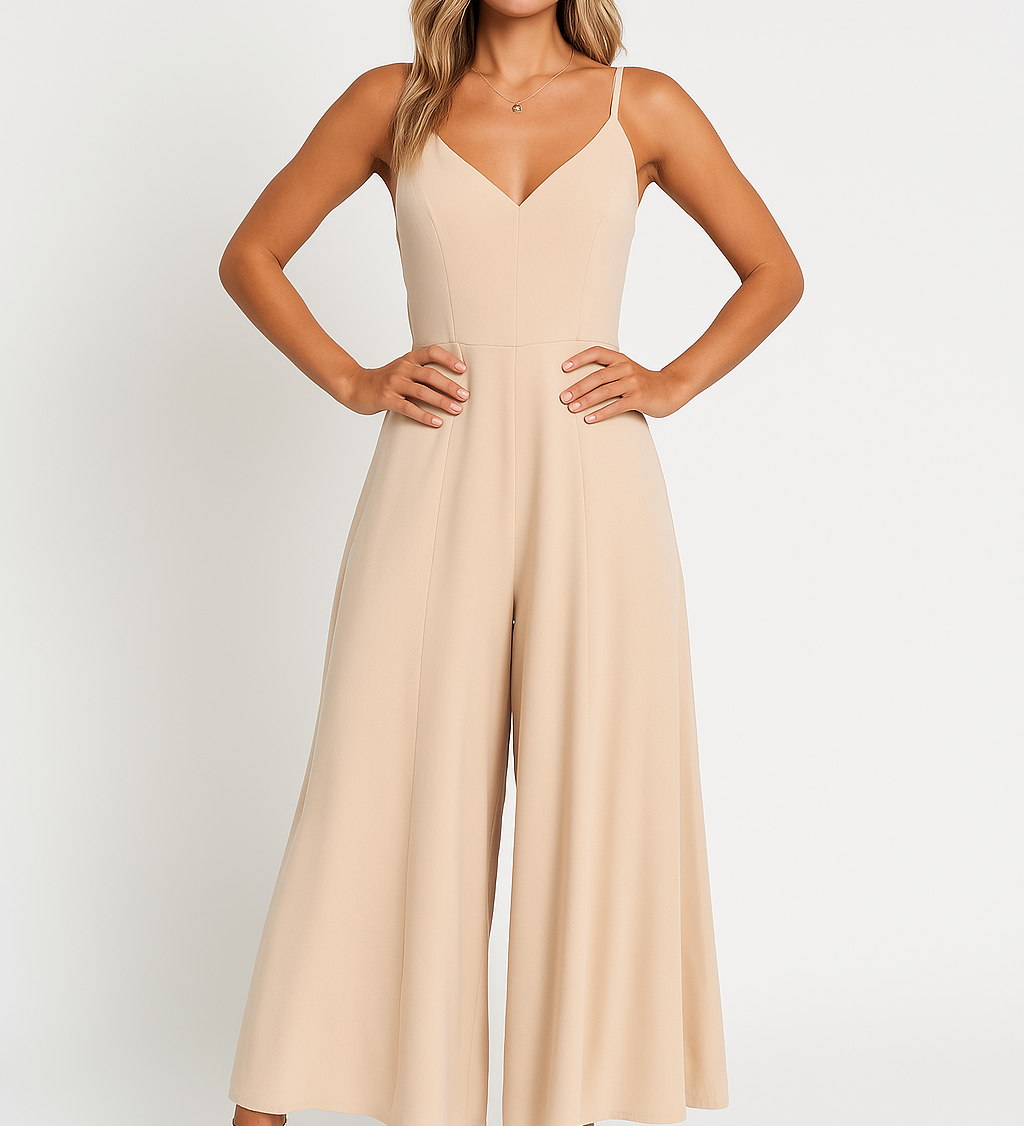 Stilfuld dame jumpsuit med v-udskæring og brede ben