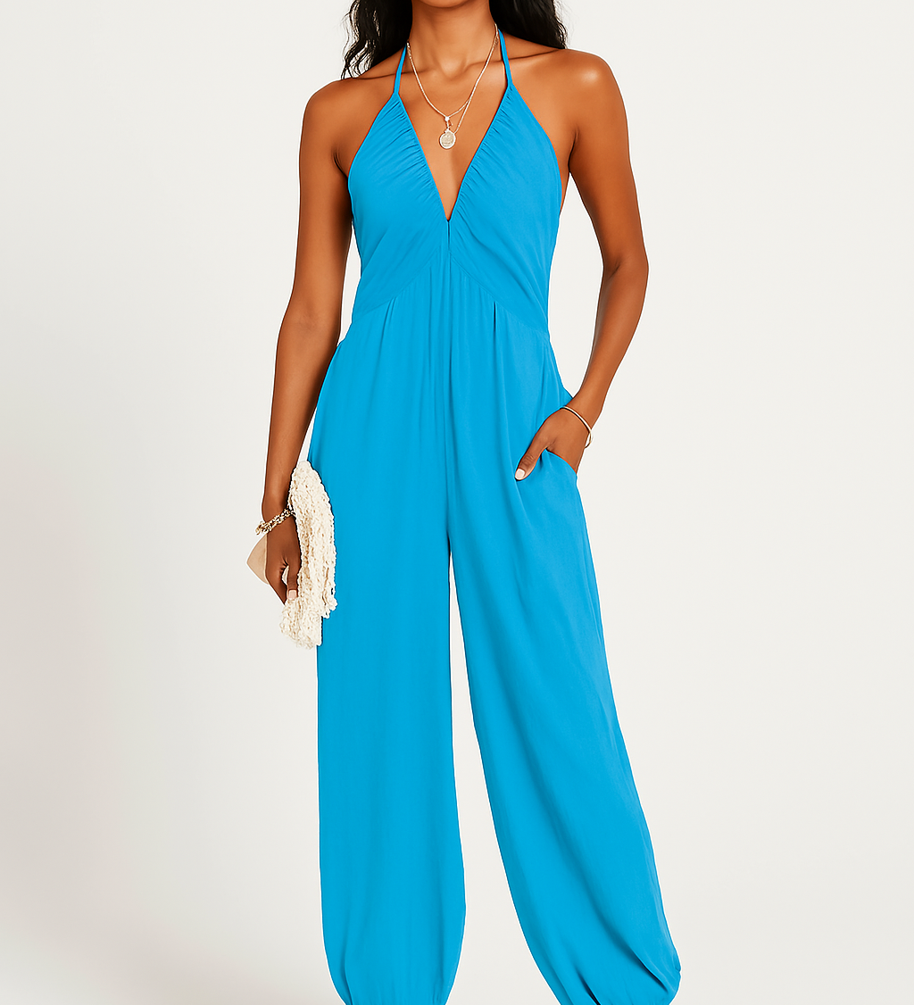 Halterneck dame jumpsuit med dyb udskæring og elastiske ben