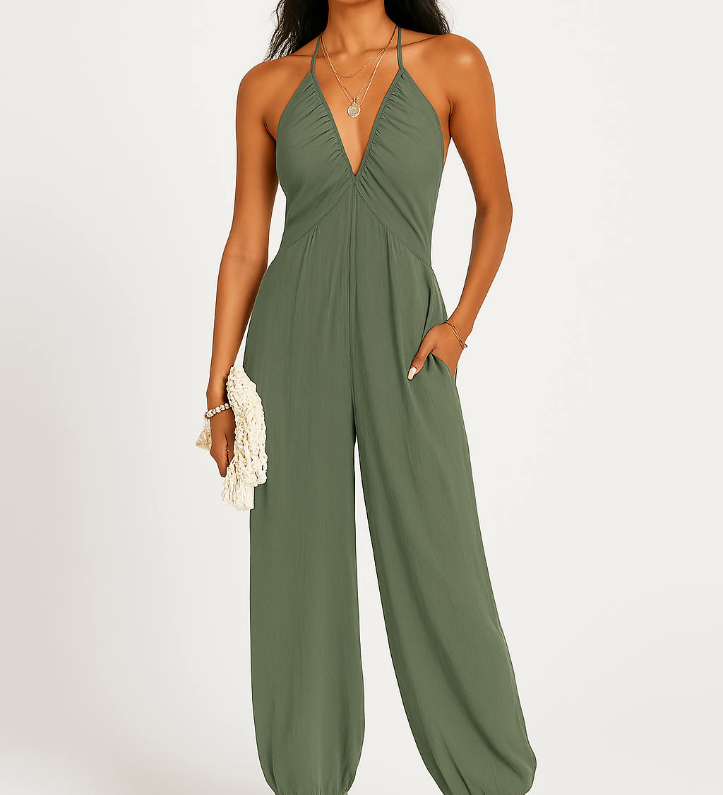 Halterneck dame jumpsuit med dyb udskæring og elastiske ben