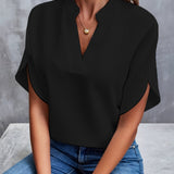 Elegant V-Bluse med Ståkrave og Korte Ærmer