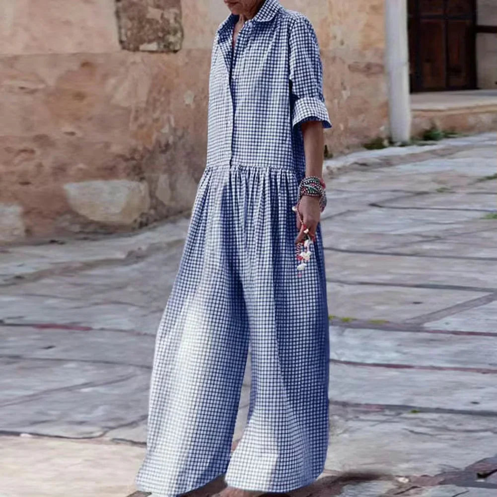 Gingham Jumpsuit med Skjorteoverdel og Vide Ben