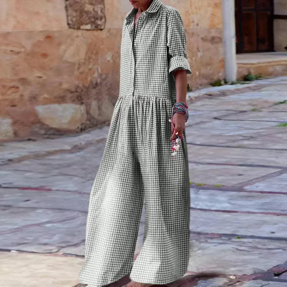 Gingham Jumpsuit med Skjorteoverdel og Vide Ben