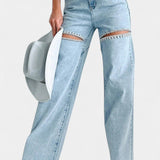 Højtaljede Jeans med Rå Slid – Wide Leg Denim med Kant