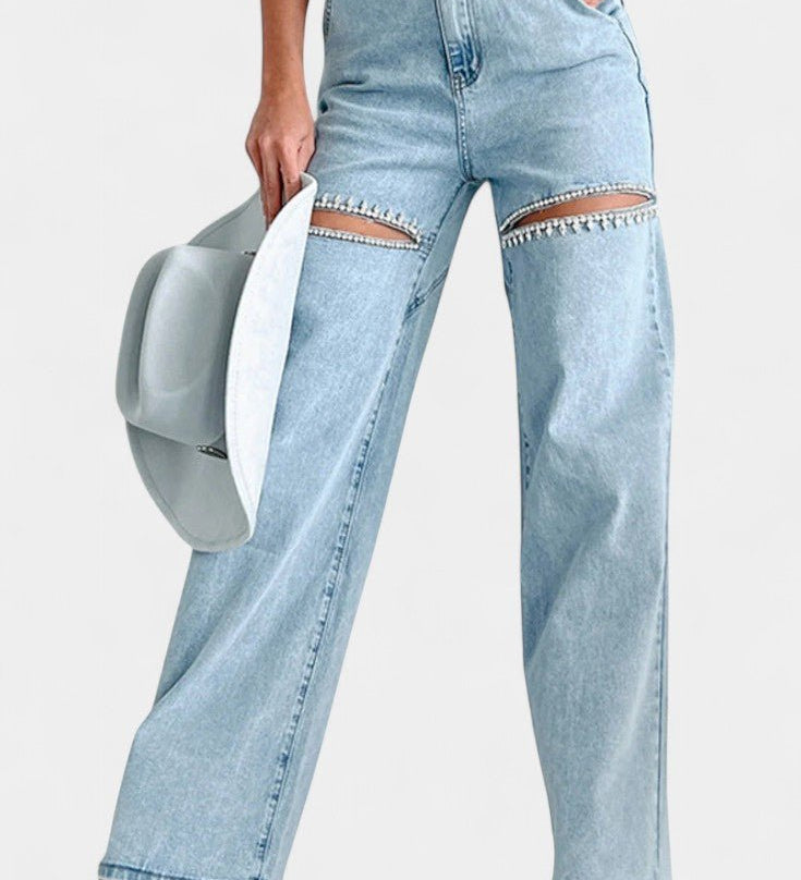 Højtaljede Jeans med Rå Slid – Wide Leg Denim med Kant