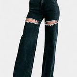 Højtaljede Jeans med Rå Slid – Wide Leg Denim med Kant