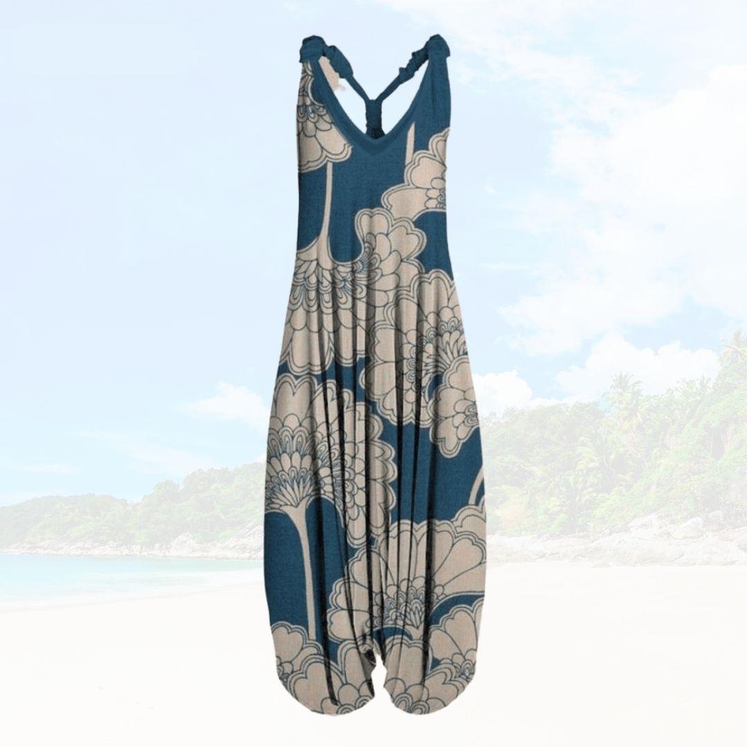 Boheme Jumpsuit med Tropisk Mønster og Lav Ryg