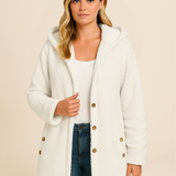 Blød teddyjakke til kvinder med hætte og knapper