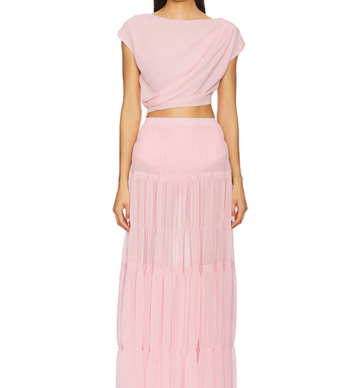 To-delt Sæt med Draperet Crop Top og Lang Gennemsigtig Nederdel