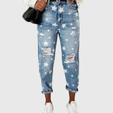 Højtaljede Jeans med Stjerneprint – Casual Denim med Rå Detaljer