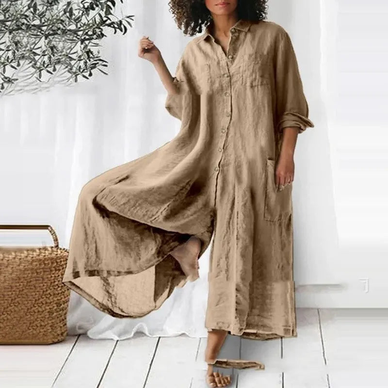 Løs Skjorte Jumpsuit med Krave og Knaplukning