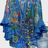Let Bluse med Kunstnerisk Print og Flæseærmer – Feminin Boheme Stil