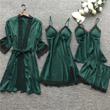 Elegant satin nattøjssæt med kimono, top og bukser