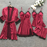Elegant satin nattøjssæt med kimono, top og bukser