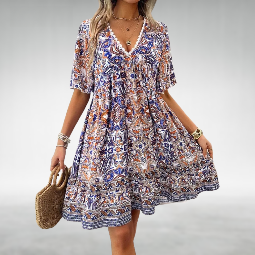 Boho Kjole med Paisley Print og V-Hals