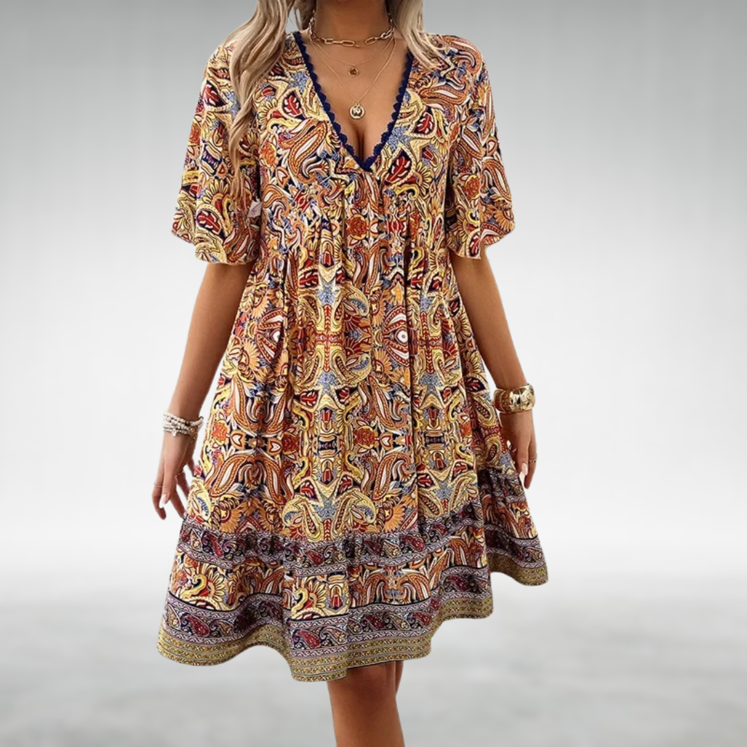 Boho Kjole med Paisley Print og V-Hals