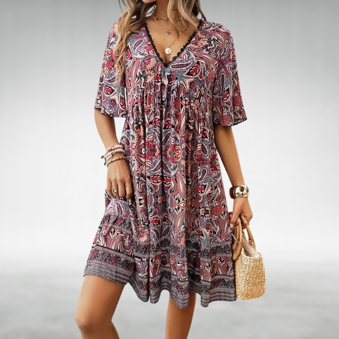 Boho Kjole med Paisley Print og V-Hals