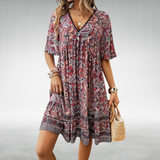 Boho Kjole med Paisley Print og V-Hals