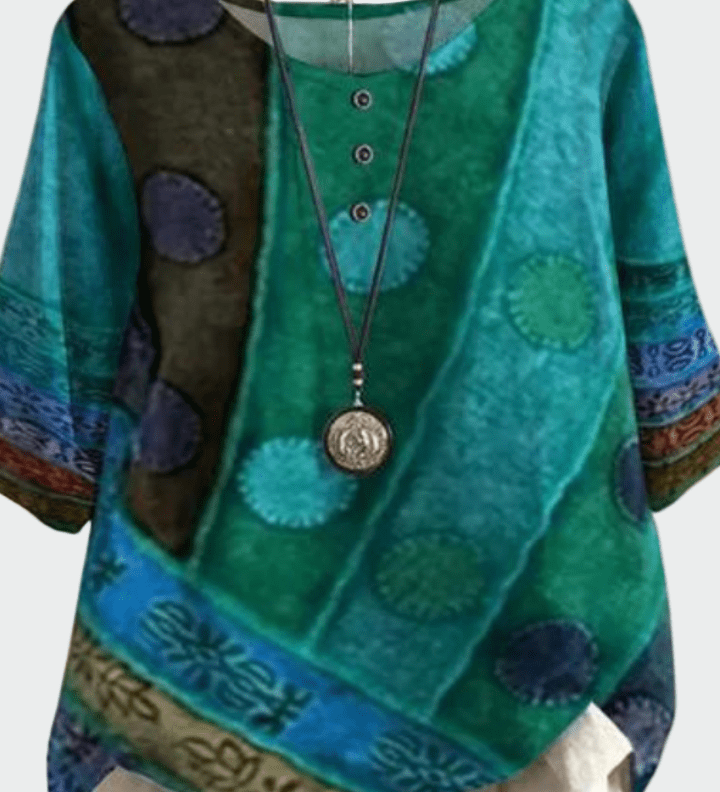 Bluse med kunstnerisk patchwork-look og afslappet pasform – boheme stil med personlighed