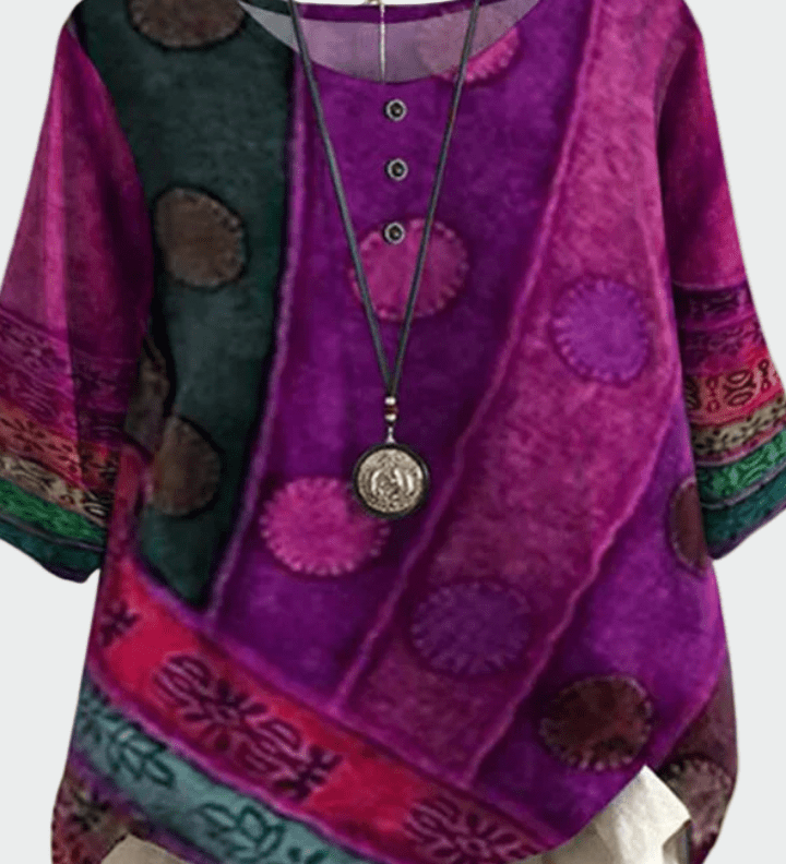 Bluse med kunstnerisk patchwork-look og afslappet pasform – boheme stil med personlighed