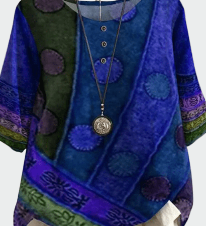 Bluse med kunstnerisk patchwork-look og afslappet pasform – boheme stil med personlighed