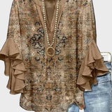 Let Bluse med Dekorativt Print og Flæseærmer – Afslappet Boheme Elegance