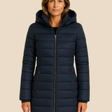 Lang varm dames vinterjakke med hætte og letvægtsfyld