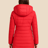 Lang varm dames vinterjakke med hætte og letvægtsfyld